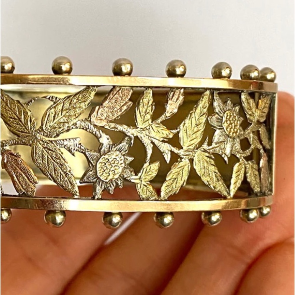 Victorian Antique Silver and 9ct Gold Floral Bangle Hallmarked Birmingham 1883